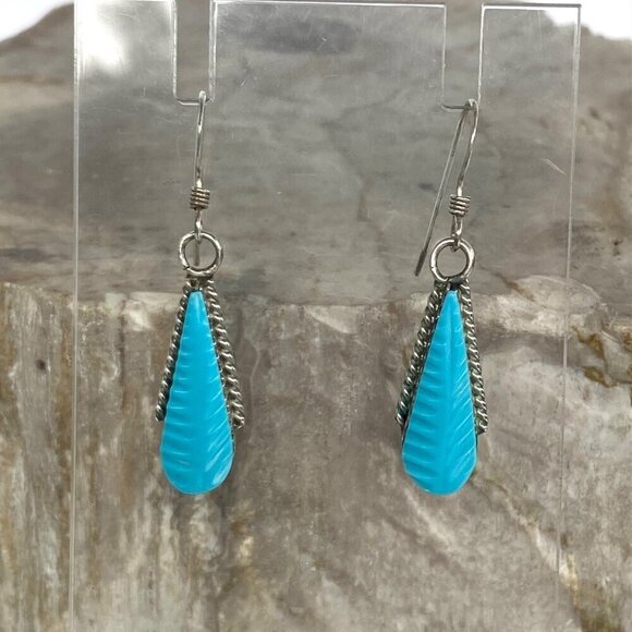 Sterling Silver 925 Dainty Southwest Style Carved Blue Leaf Dangle Earrings - Picture 12 of 16